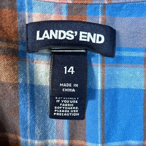 Lands End Flannel Shirt 14 Women Plaid Orange Blue Popover‎ Long Roll Tab Sleeve - Picture 8 of 11